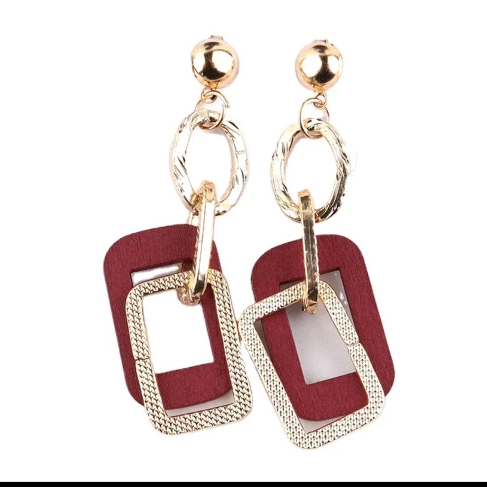Multi-Shape Colorful Wooden with Gold-Tone Dangle Earrings, Push Back Closure - Picture 12 of 13